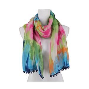 WOMEN’S VIBRANT MULTICOLOR SOFT FABRIC SCARF - SIZE 68" x 22" - POM-POM TRIM